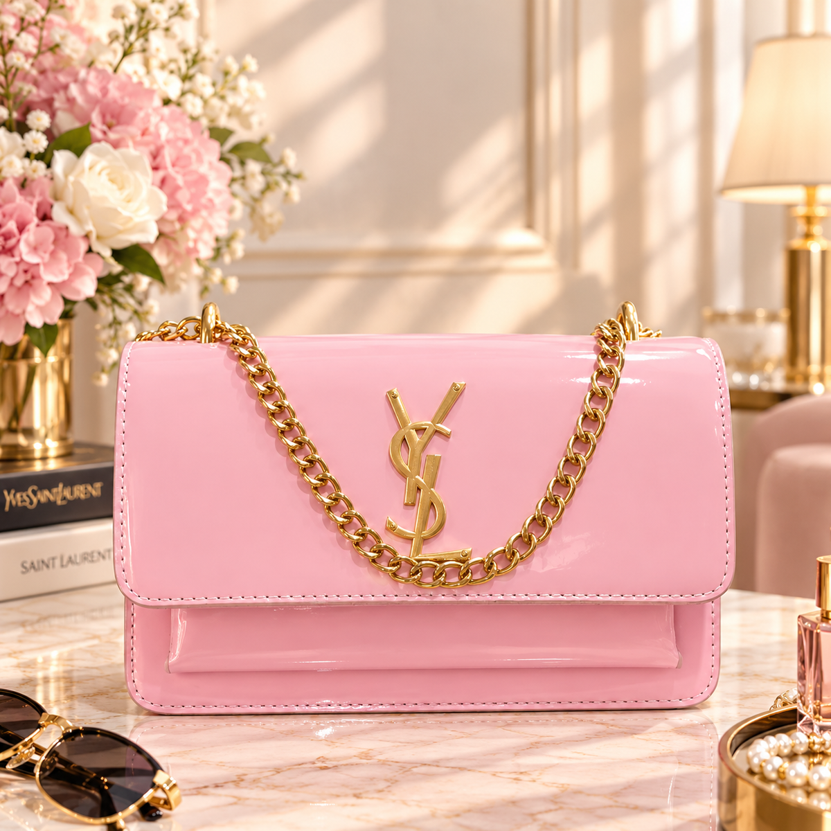 Patent Leather Chain Shoulder Bag – Pink (Gold Hardware)