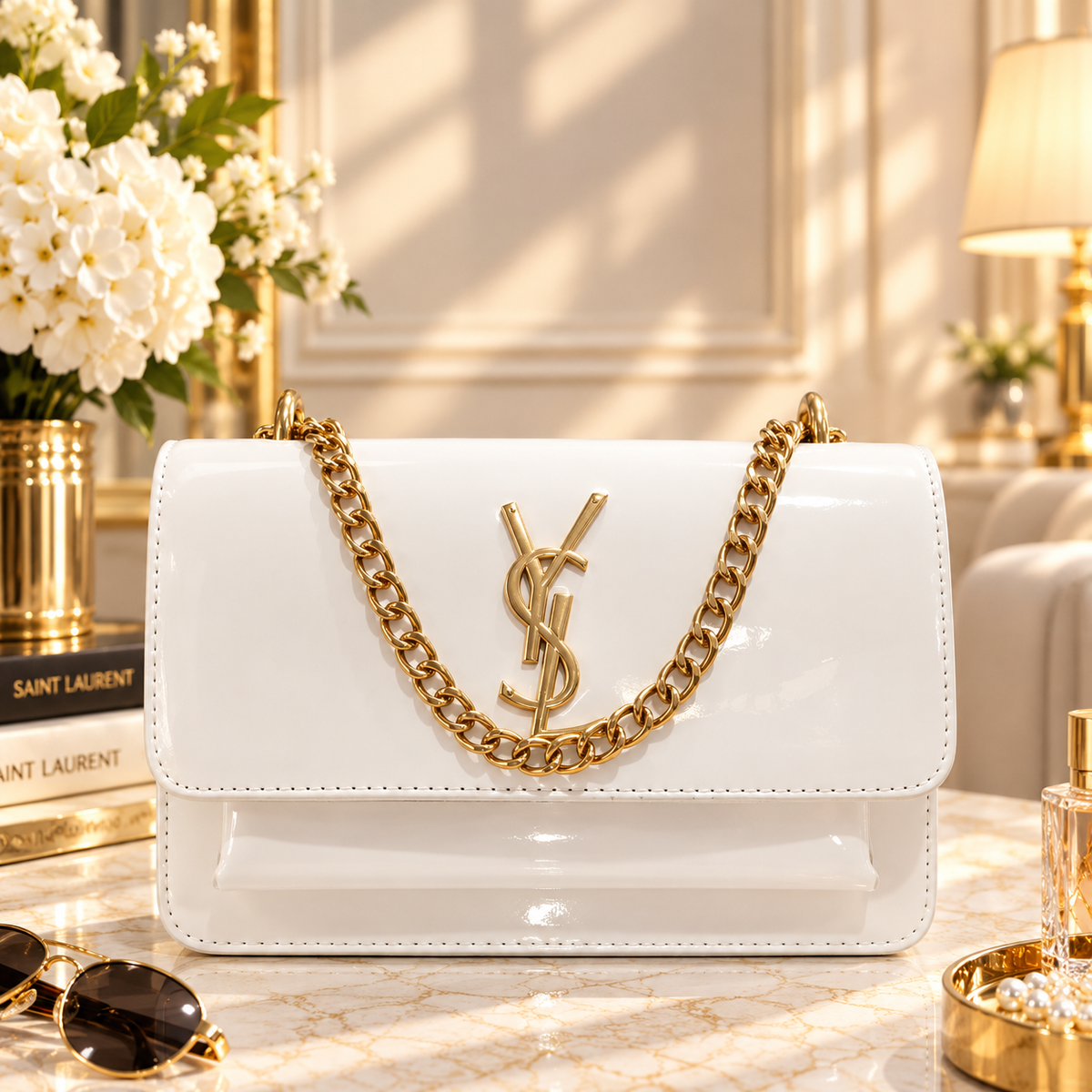 Patent Leather Chain Shoulder Bag – White (Gold Hardware)