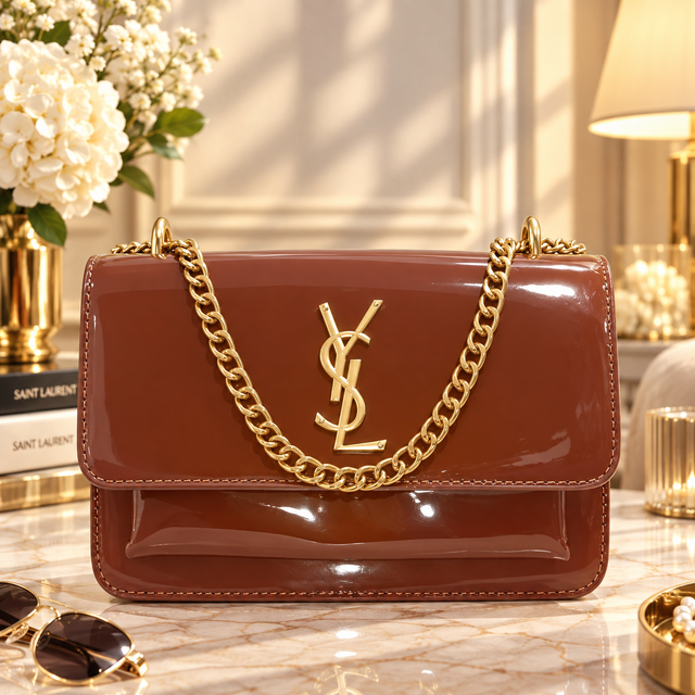 Patent Leather Chain Shoulder Bag – Brown