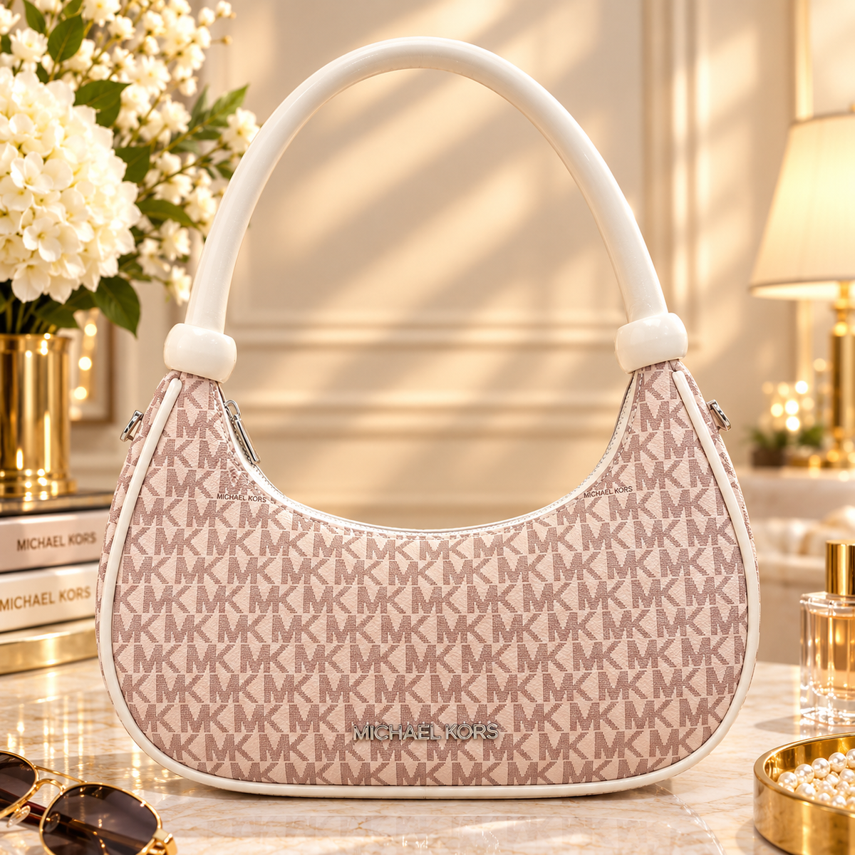 Michael Kors Signature Logo Hobo Shoulder Bag – Vanilla White