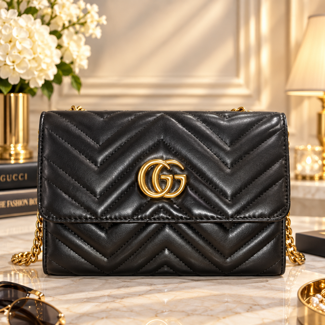 Gucci GG Marmont Chevron Chain Wallet – Black