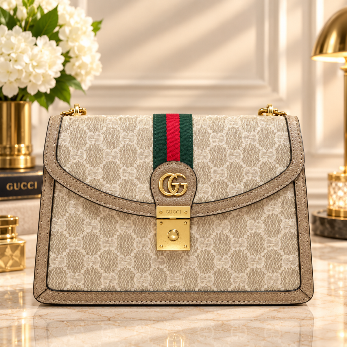 Gucci GG Supreme Monogram Shoulder Bag – Beige