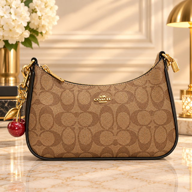 Coach Signature Canvas Shoulder Bag with Cherry Charm