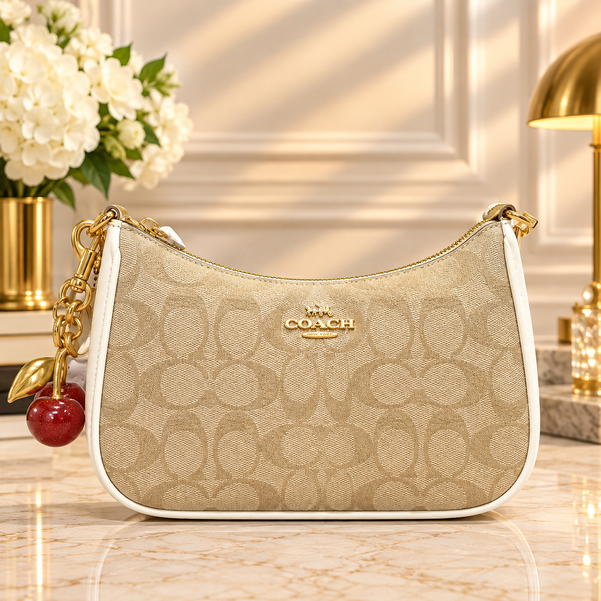 Coach Signature Canvas Shoulder Bag with Cherry Charm