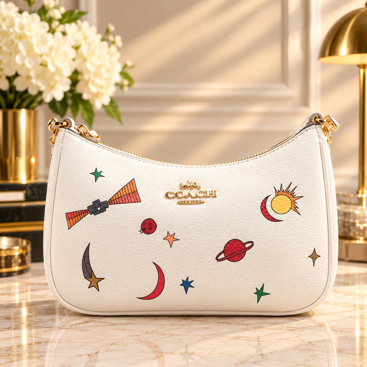 Coach Cosmic Print Pebbled Leather Shoulder Bag