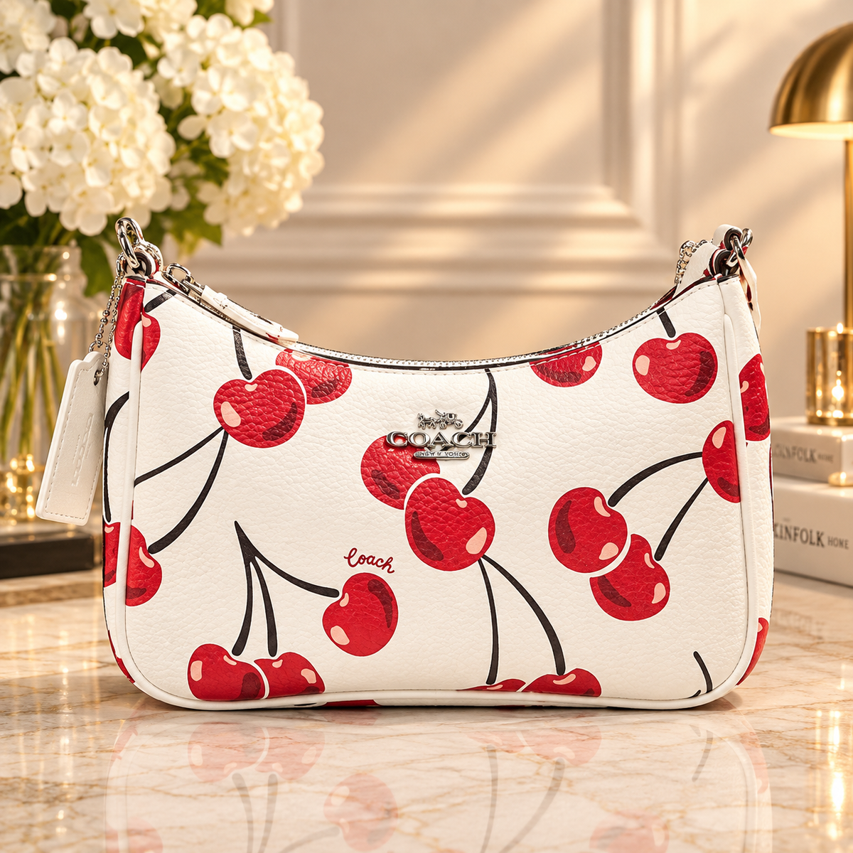 Coach Cherry Print Pebbled Leather Shoulder Bag