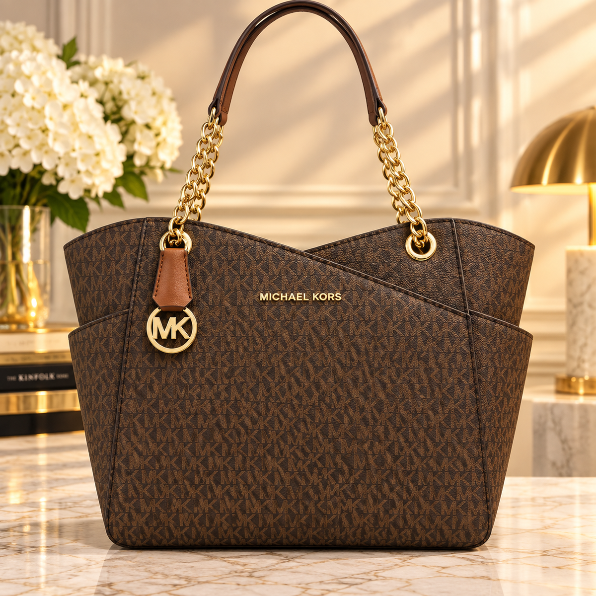Michael Kors Signature MK Chain Tote Bag – Brown