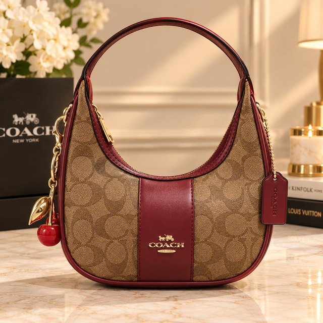 Coach Signature Canvas Hobo Shoulder Bag – Khaki & Burgundy