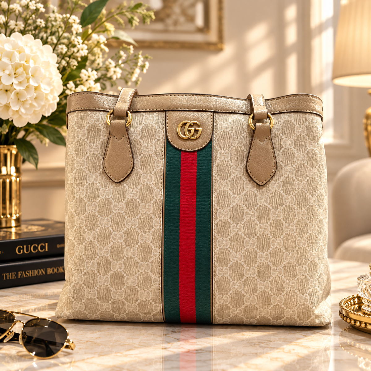 Gucci GG Supreme Web Stripe Tote Bag – Beige & White
