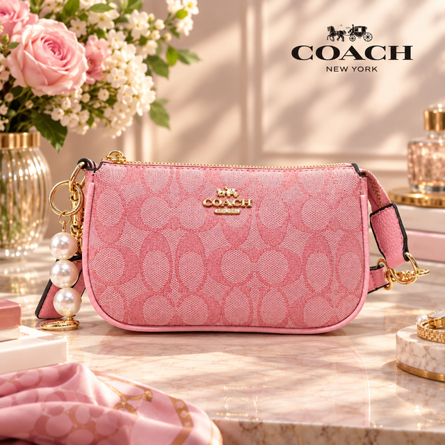 Coach Pink Signature Mini Shoulder Bag with Pearl Charm