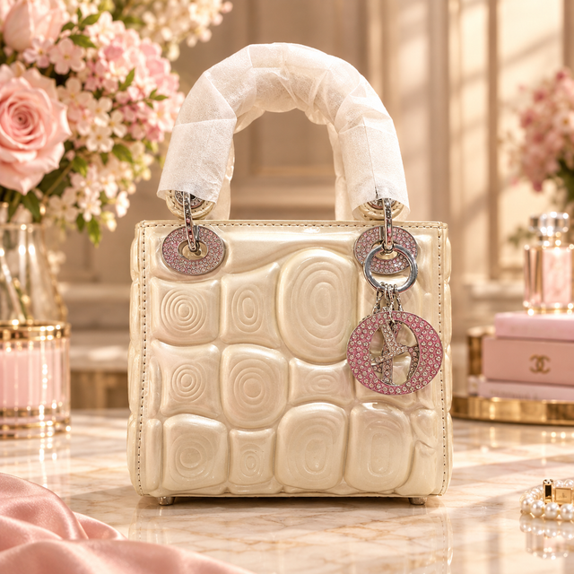 Luxury Pearl Champagne Embossed Mini Top Handle Handbag