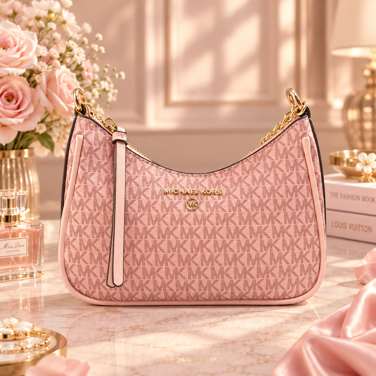 Michael Kors Pink Signature Mini Shoulder Bag with Gold Chain Strap