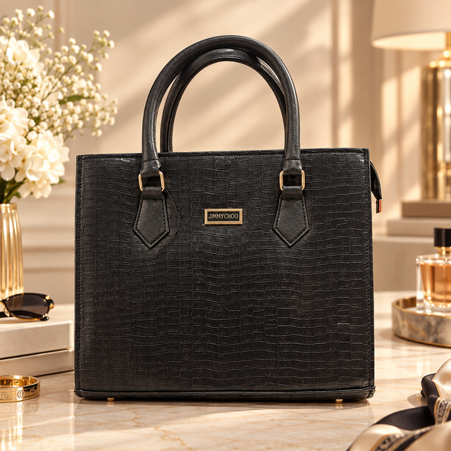 Jimmy Choo Black Croc-Embossed Structured Tote Handbag