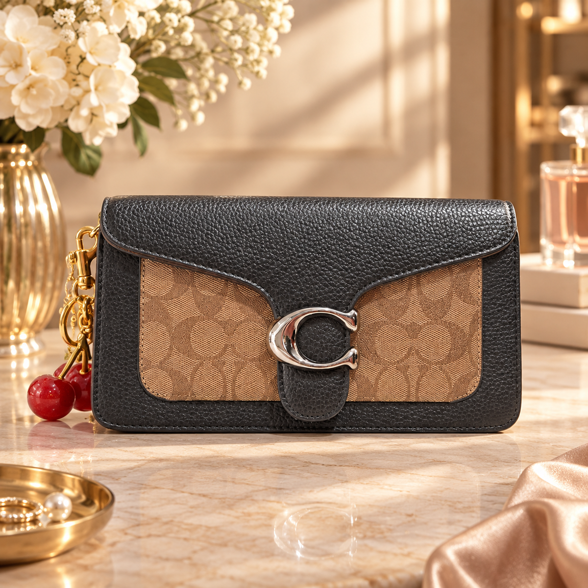 Coach Tabby Signature Wallet with Cherry Charm – Black & Brown