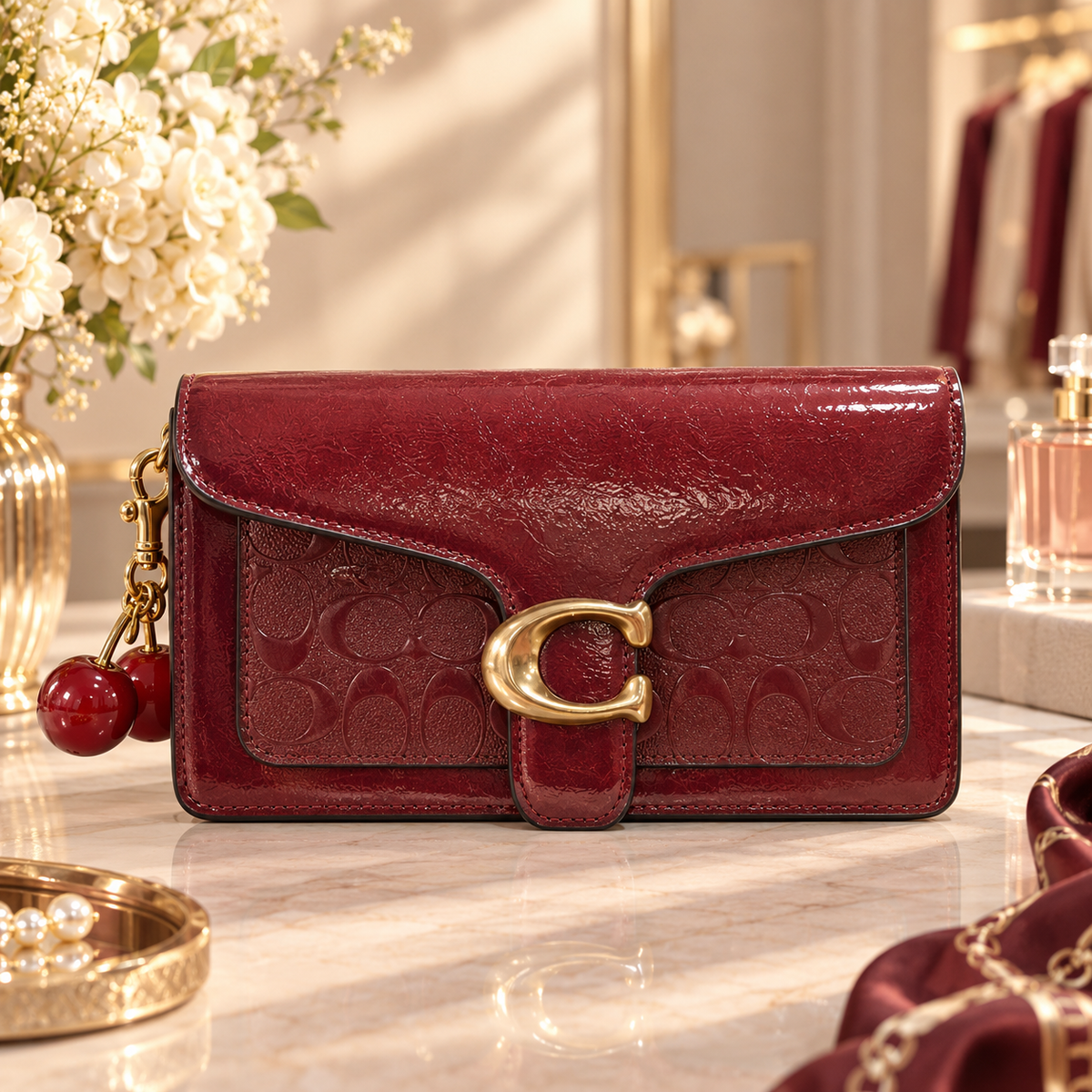 Coach Maroon Patent Signature Long Wallet with Turn-Lock Closure