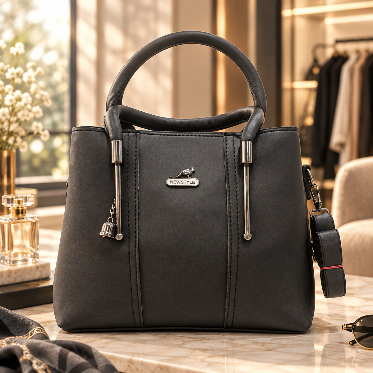 New Style Black Elegant Top Handle Handbag with Detachable Shoulder Strap
