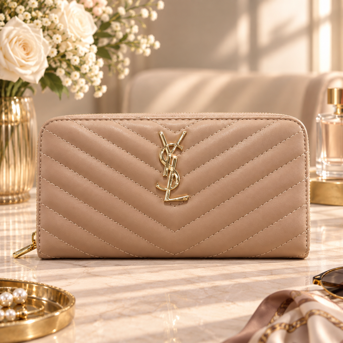 YSL Nude Chevron Quilted Long Wallet with Gold Monogram Logo