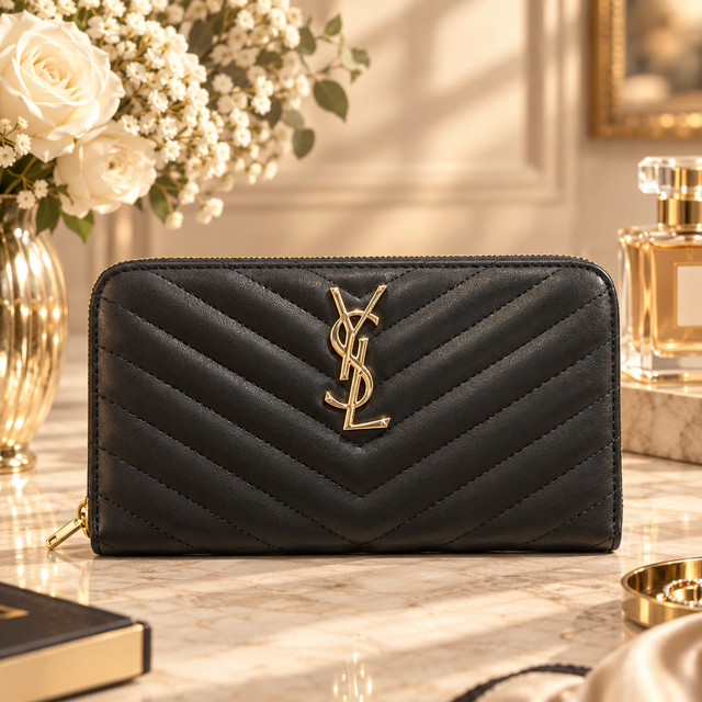 YSL Black Chevron Quilted Long Wallet with Gold Monogram Logo