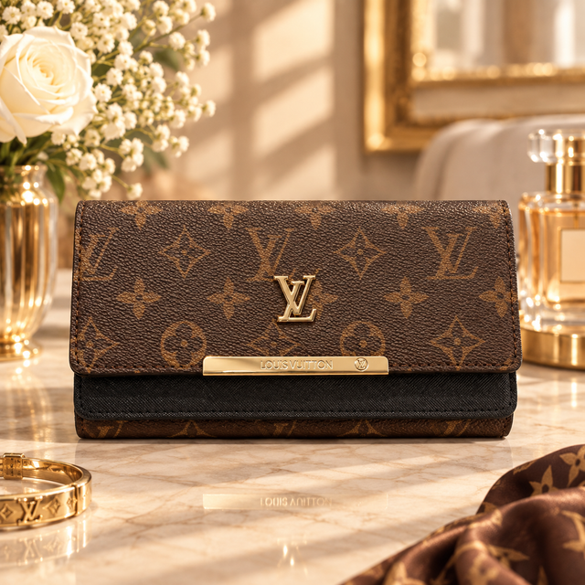 Louis Vuitton Monogram Long Wallet with Gold Logo Accent