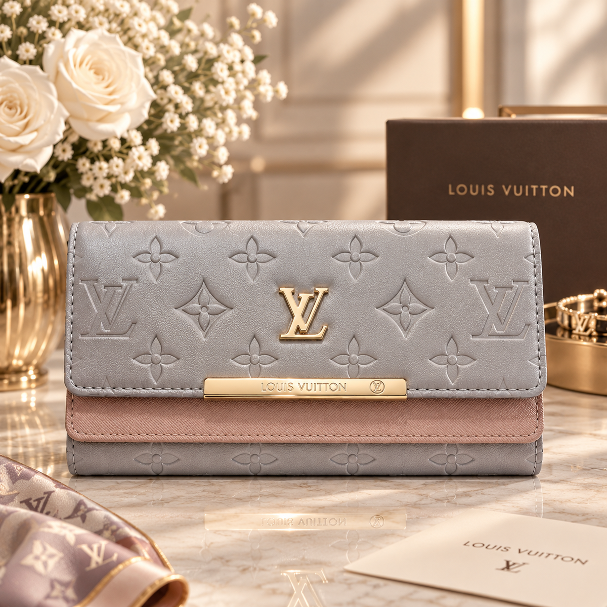 Louis Vuitton Embossed Monogram Long Wallet in Light Grey