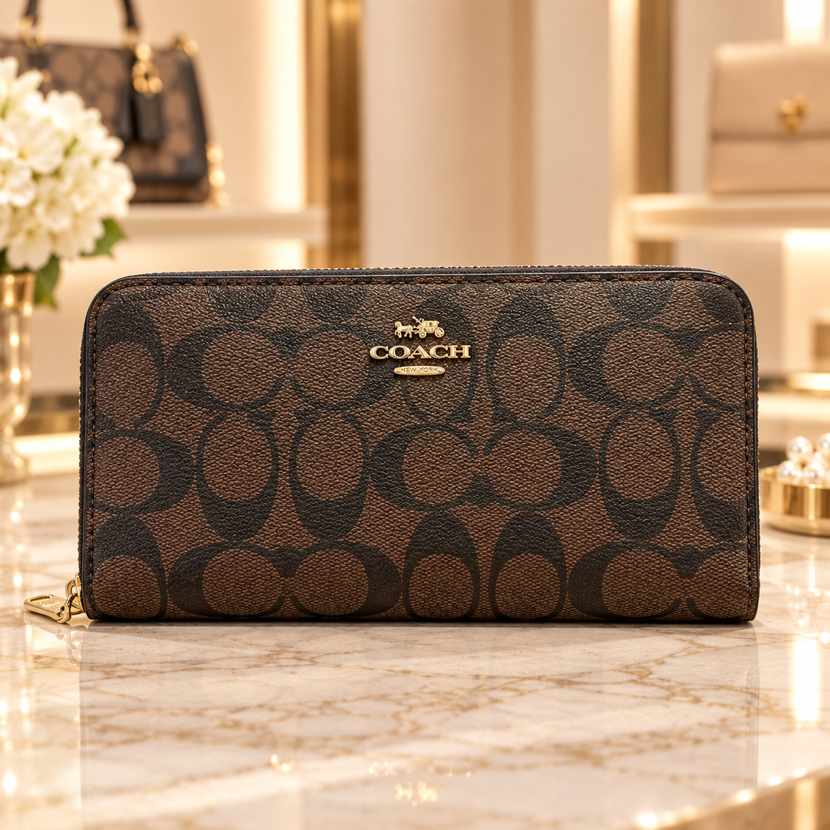 Coach Brown Signature Zip Around Long Wallet
