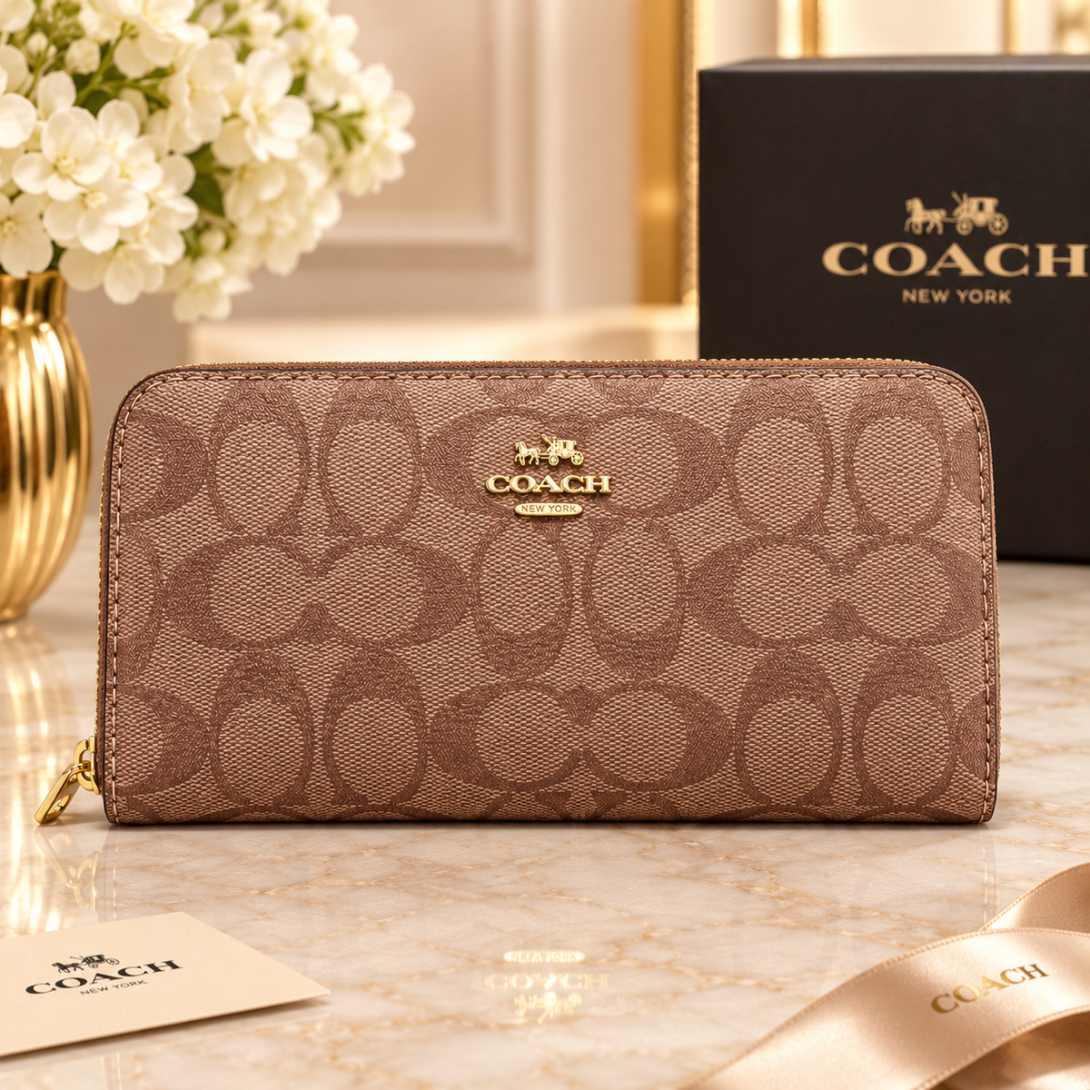Coach Light Brown Signature Zip Around Long Wallet