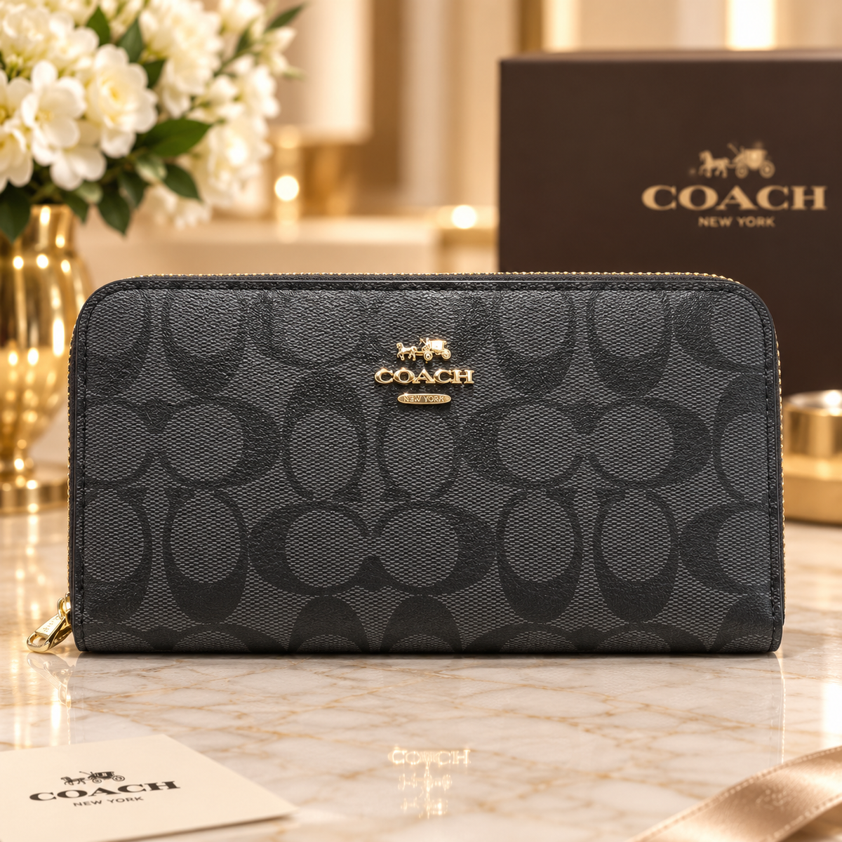 Coach Black Signature Zip Around Long Wallet