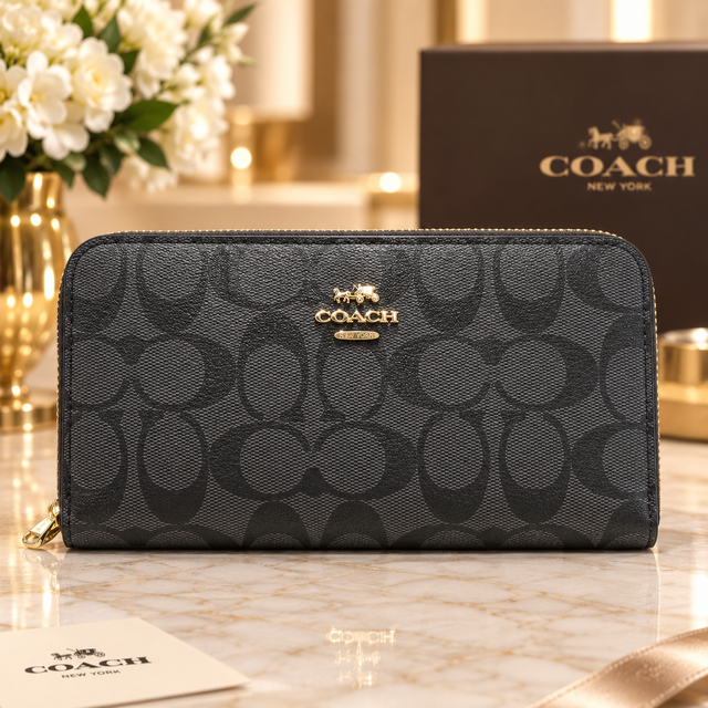 Coach Black Signature Zip Around Long Wallet