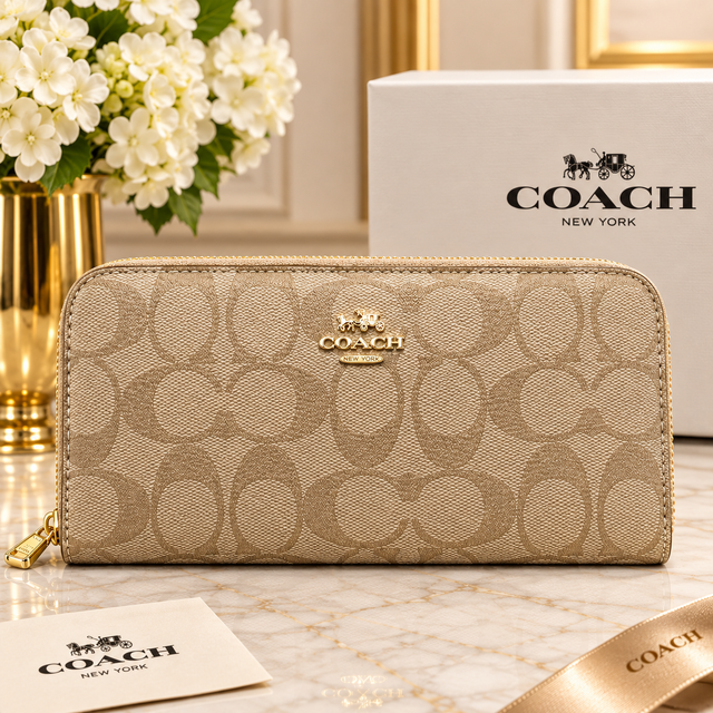 Coach Beige Signature Zip Around Long Wallet