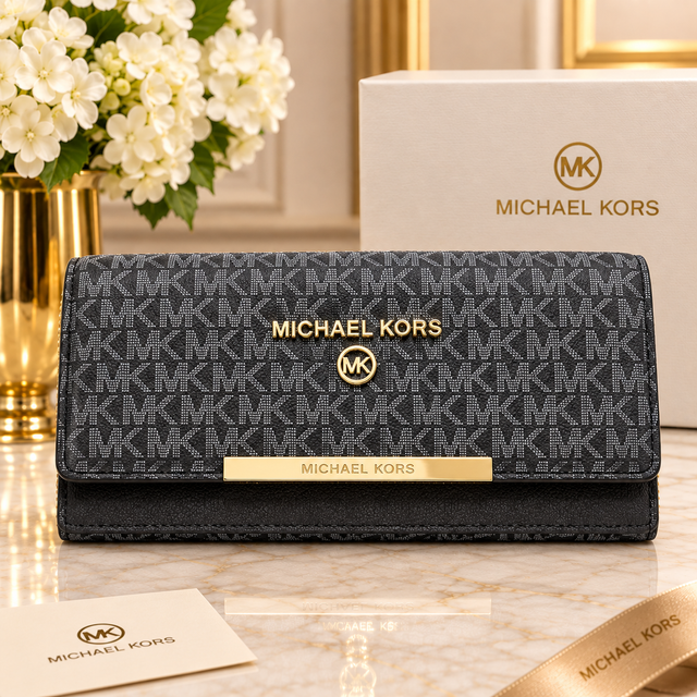 Michael Kors Signature Monogram Flap Long Wallet – Black/Grey