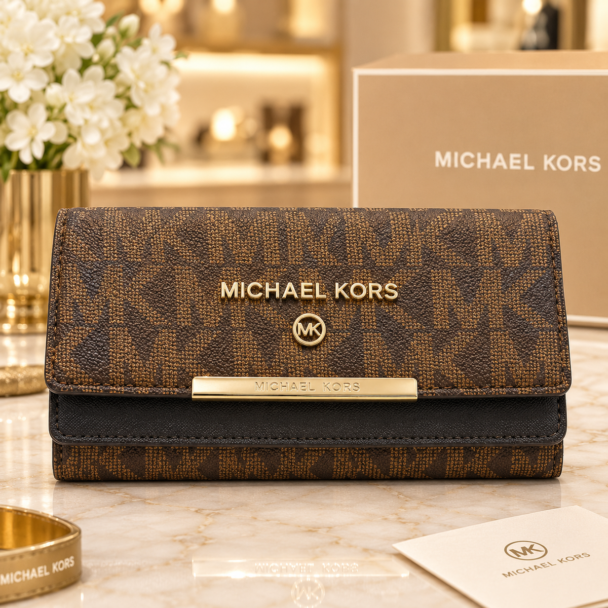 Michael Kors Signature Monogram Flap Long Wallet – Brown