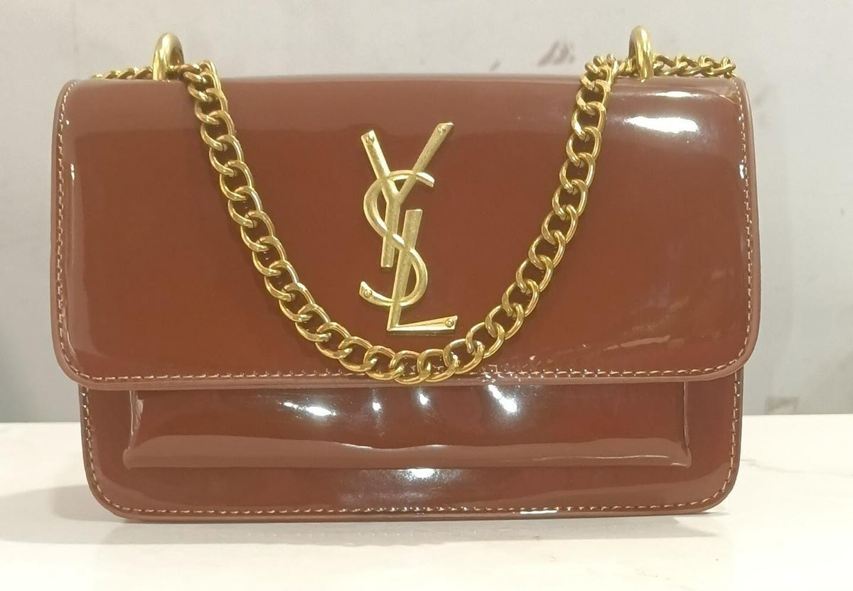Patent Leather Chain Shoulder Bag – Brown